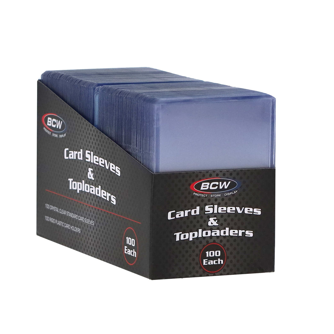 Box of BCW card sleeves and toploaders on a white background
