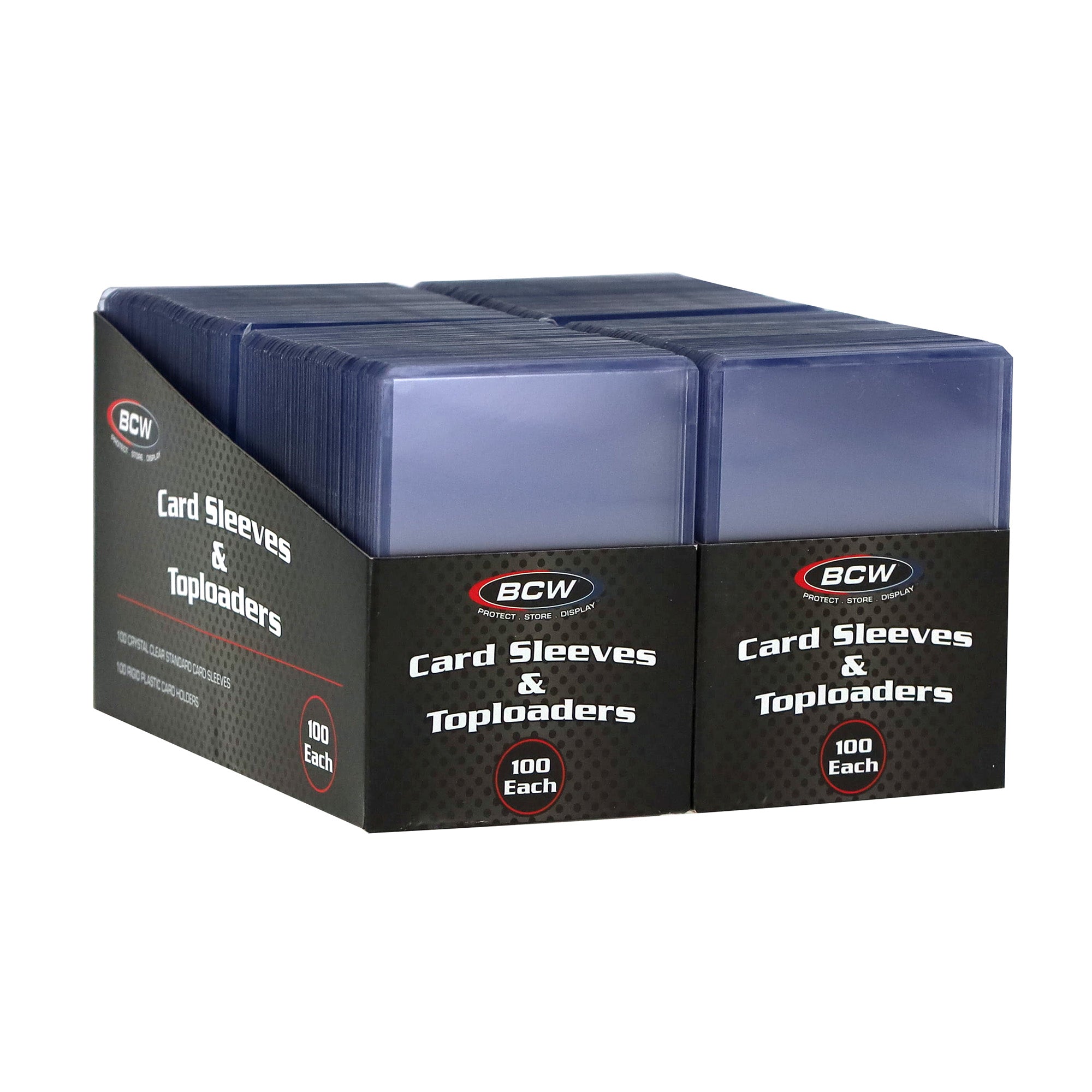 Box of BCW card sleeves and toploaders on a white background