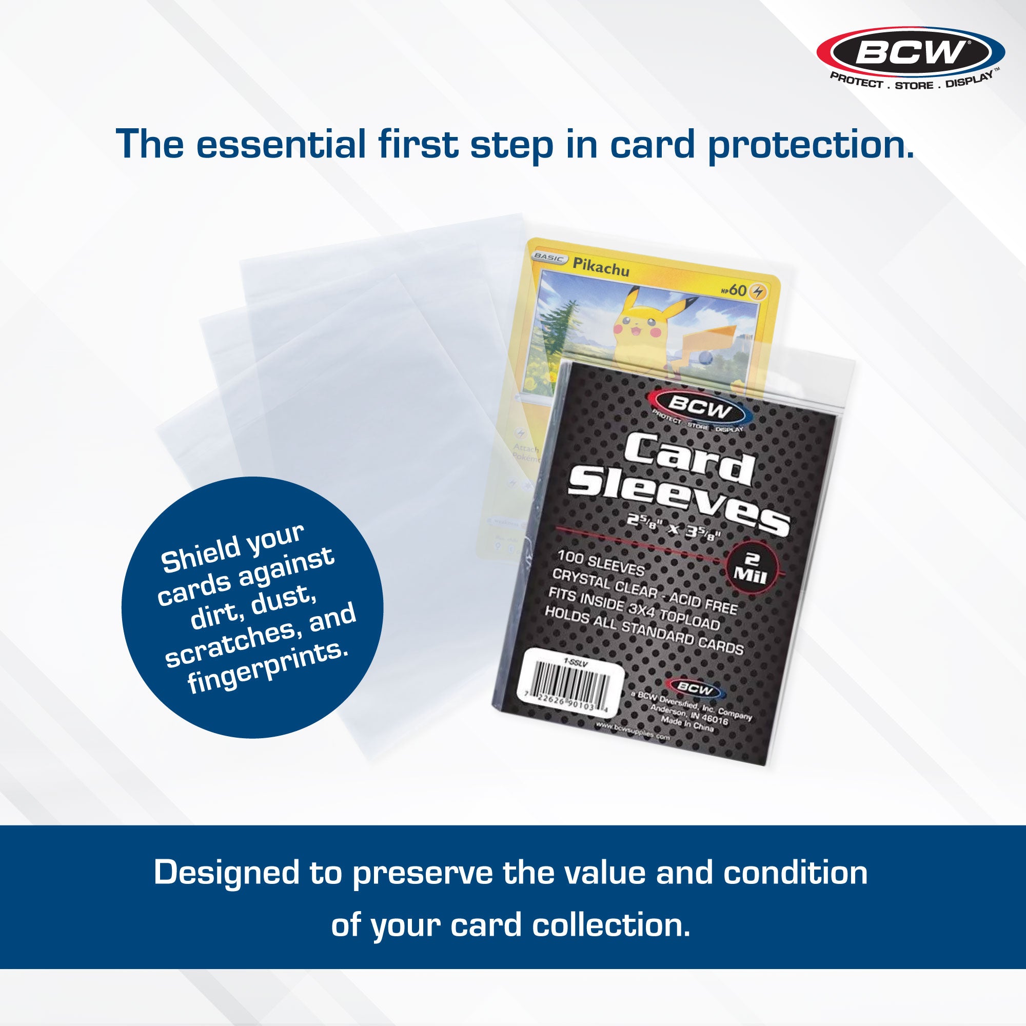 BCW card sleeves packaging with text about card protection on a white background