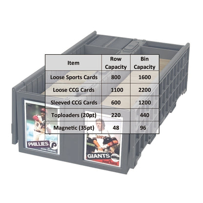Card storage bin with capacity chart and card examples on a white background