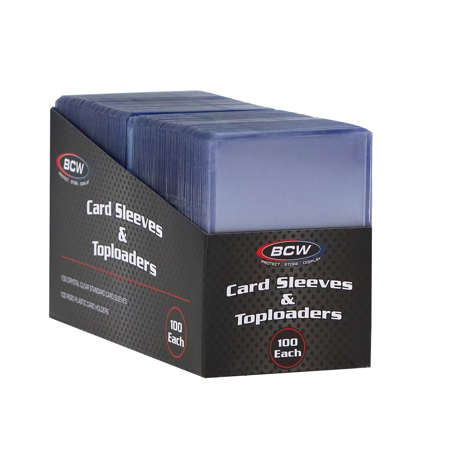 Box of BCW card sleeves and toploaders on a white background