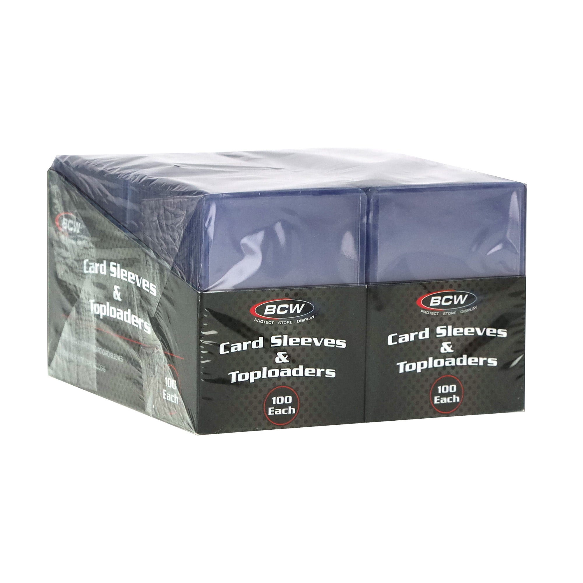 Box of BCW card sleeves and toploaders on a white background