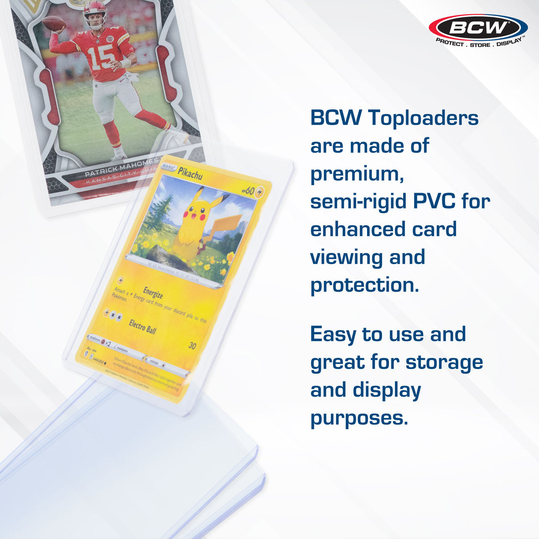 BCW trading card holder with a Pokémon card featuring Pikachu, with promotional text about BCW Toploaders.