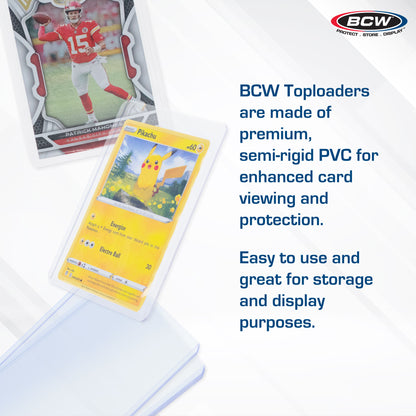 BCW trading card holder with a Pokémon card featuring Pikachu, with promotional text about BCW Toploaders.